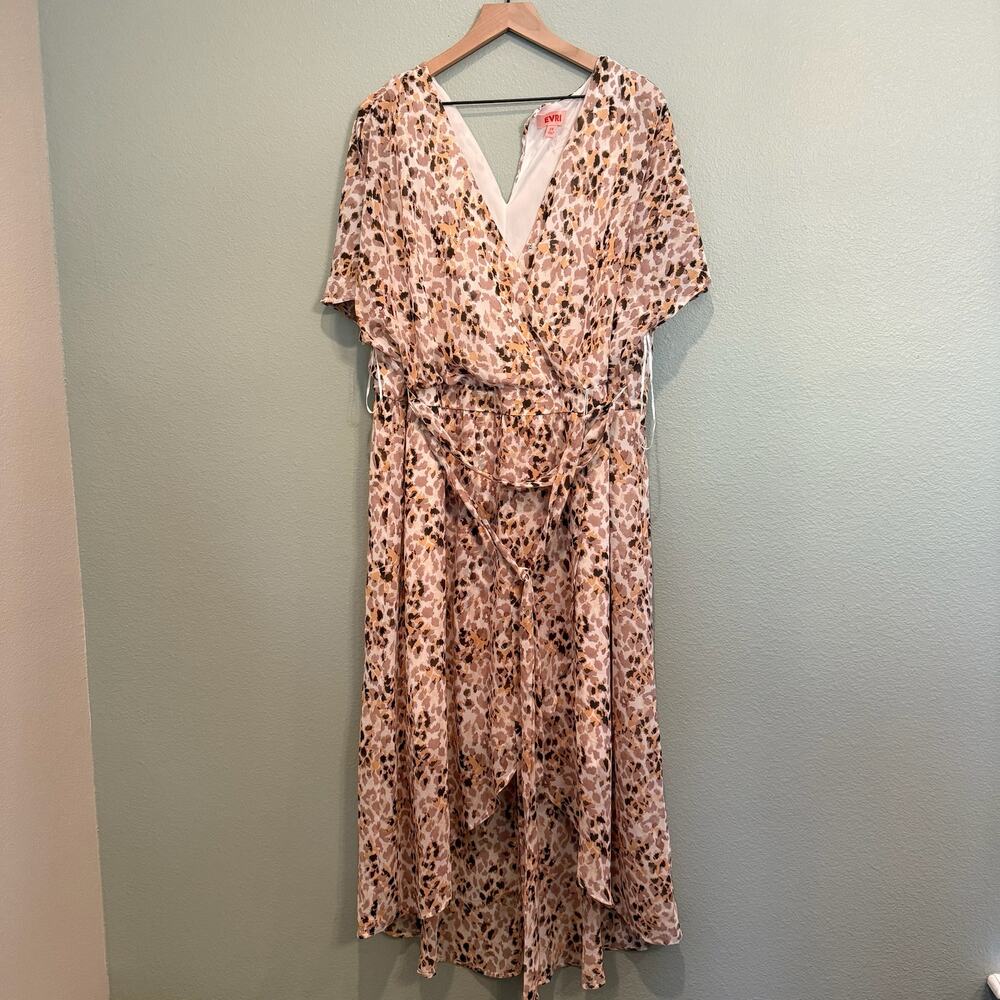 new evri cheetah leopard short sleeve midi dress with waist tie size 2X